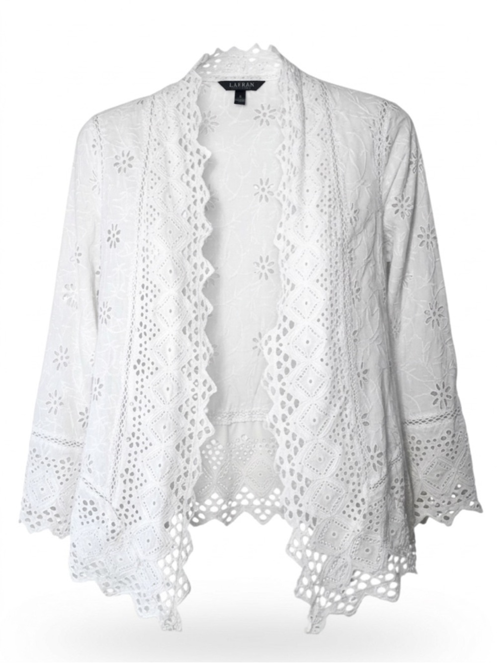 Ralph Lauren Eyelet Cotton Jacket Embroidered Boho‎ Lace Floral Open Front White
